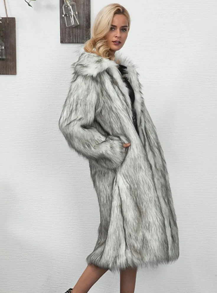 Damen-Revers-Kunstpelzjacke – langer, lockerer Wintermantel mit Taschen, lässige Luxus-Oberbekleidung für Streetstyle und den täglichen Weg zur Arbeit