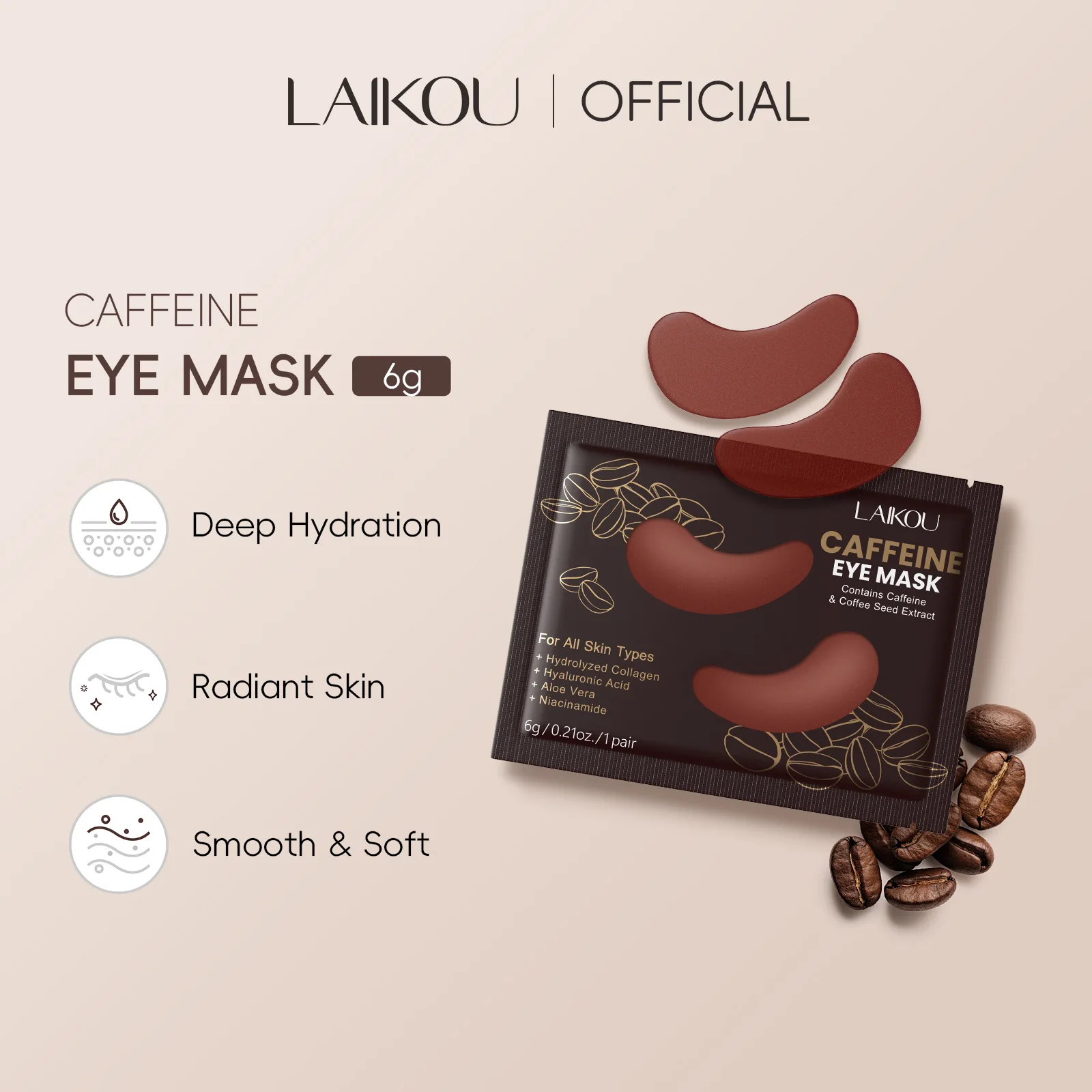 LAIKOU Coffee Eye Mask 10 Pairs, Hydrating Moisturizing Under Eye Patch for Dark Circles Puffiness, Nourishing Skin Care 6g