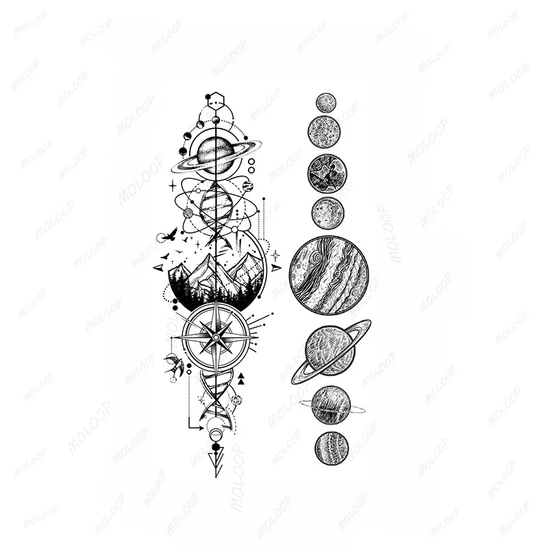 Tattoo Sticker Planet Moon Compass Temporary Waterproof  Flash Makeup Hand Arm Neck Fake Fake Body Art for Men Women