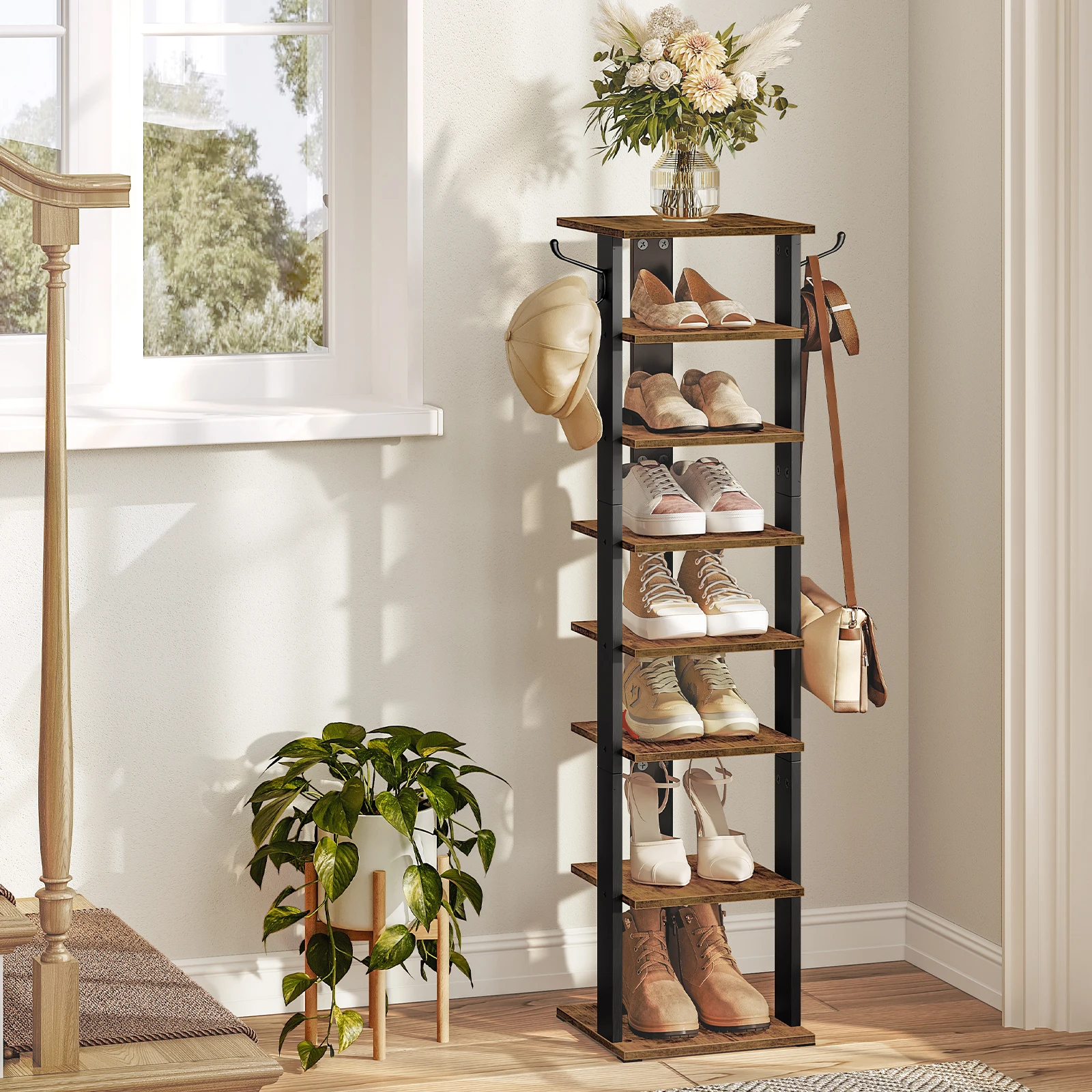 Shoe Rack Wooden, Tall Shoe Rack, Narrow Shoe Storage Organizer with 2 Hooks, Slim Shoe Shelf, Vertical Shoe Tower for Entrance,