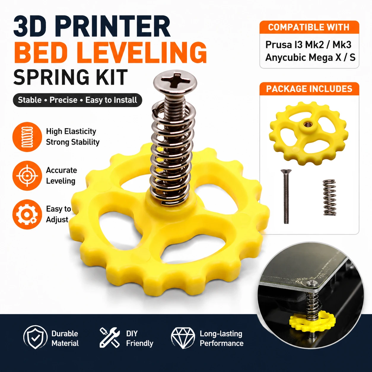 4pcs/Lot 3D Printer Parts Heated Bed Spring Leveling Kit+M3*35 Screw&Nut Prusa I3 Mk2/mk3 Hotbed DIY Leveling Modules