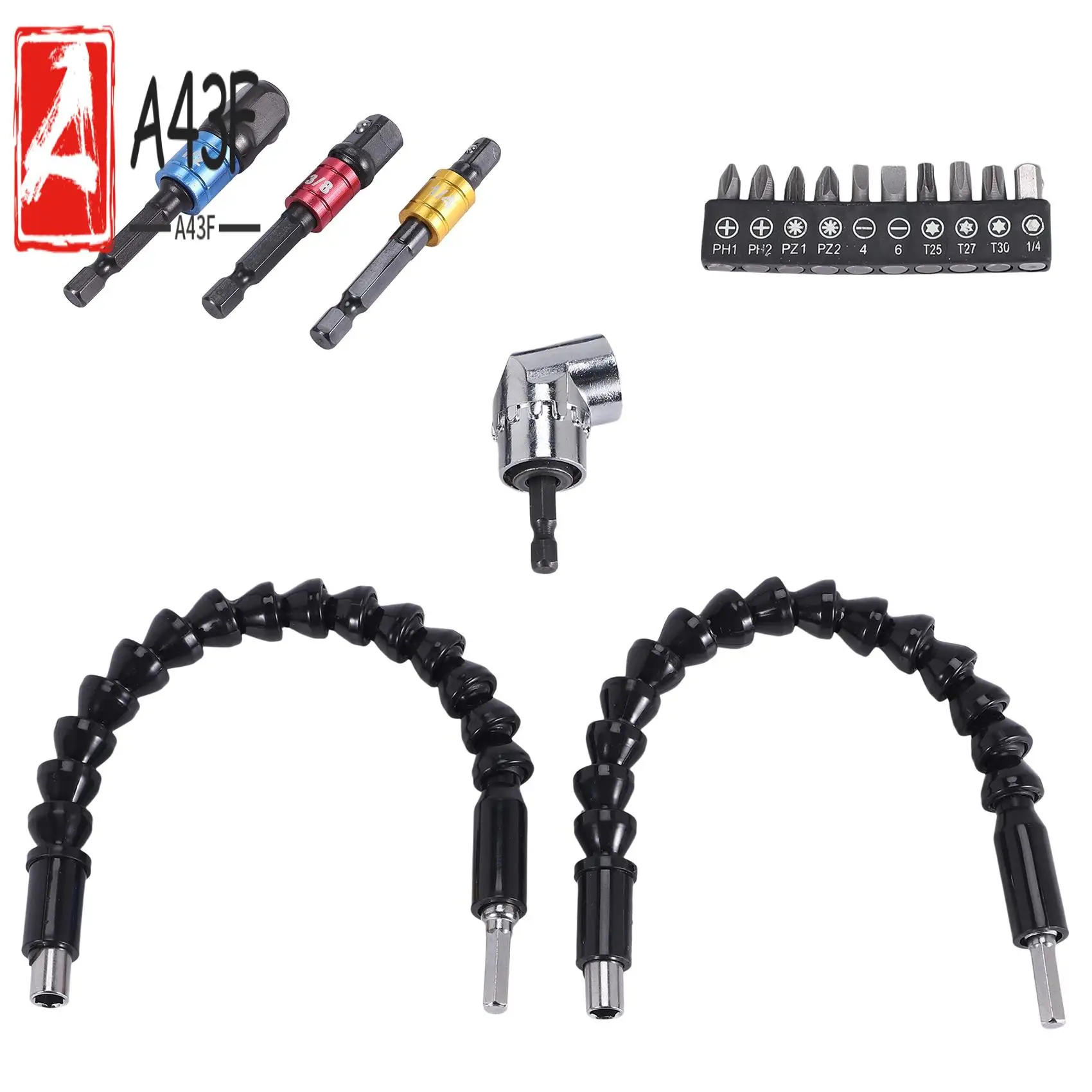 

A43F-Flexible Drill Extension Hex Shank Drill Nut Driver Bit Set, 3Pcs Universal Socket Adapter Set, Screwdriver Bit Set