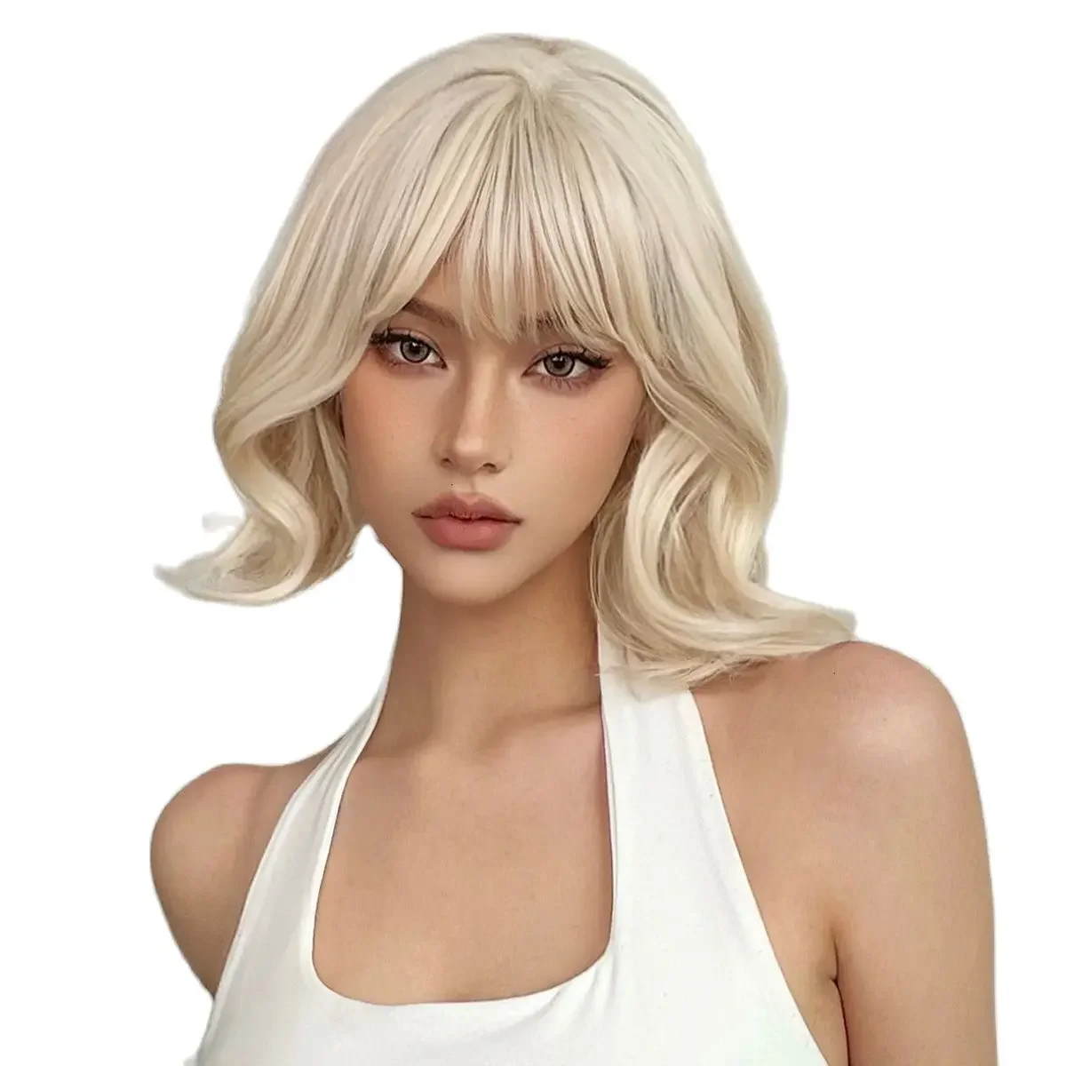 Peluca de pelo ALAN EATON Platinum de onda corta Bob, pelucas sintéticas Rubio claro con flequillo para mujeres, pelo de Cosplay resistente al calor de Lolita