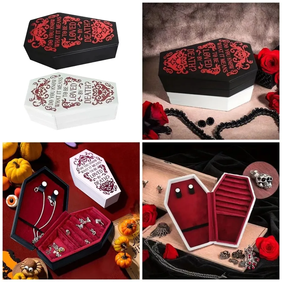 1/2/4pcs Halloween Gothic Coffin-Shaped Jewelry Box PU Multi-Compartment Organizer for Earring Necklace Ring Halloween Gift Case view 2