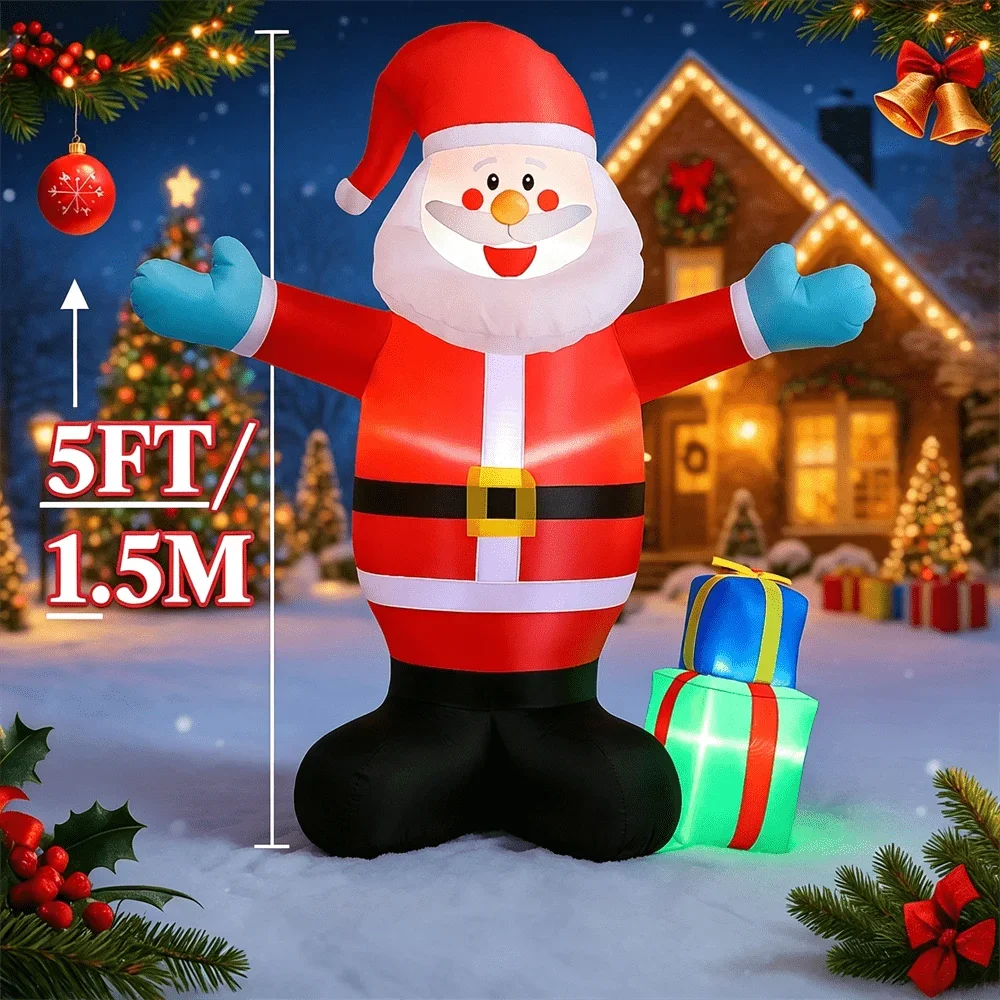 Festive 5FT Christmas Inflatable Welcoming Santa Claus with LED Lights Blow Up Ornament for Lawn Xmas Festival Decor