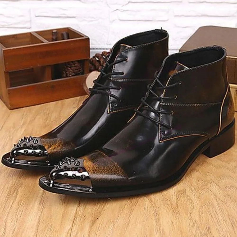 Cross Tied Rivet Decor Men's Ankle Boots Pointy Toe Chuky Heels Chelsea Shoes for Men Business Party Shoes Zapatos Para Hombres