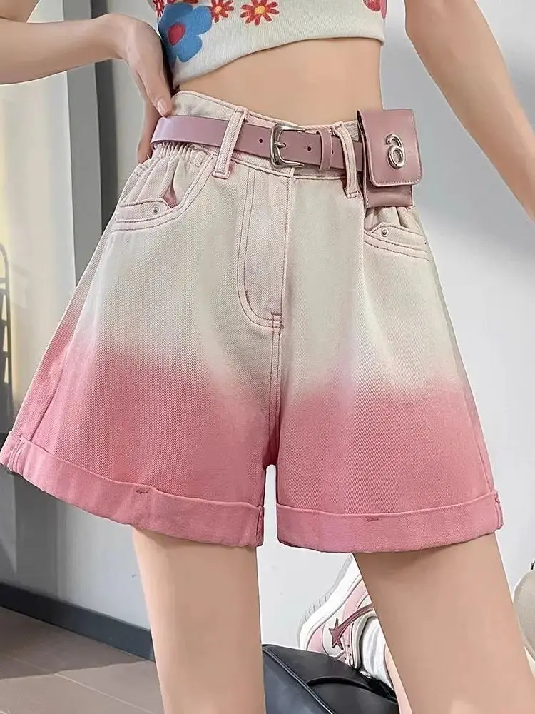 Denim Shorts Gradient Pink High Waist Women Summer 2024 Fashion A Line Short Jeans Pink Shorts Jeans Feminino
