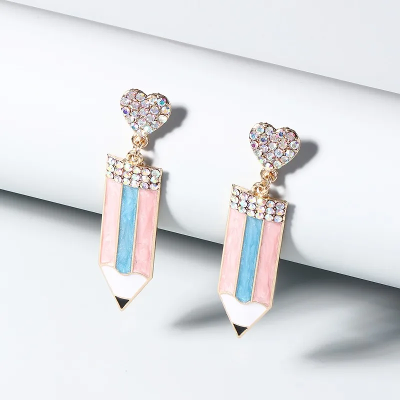 

Fashion Temperament Personality Heart Shape Color Drip Alloy Diamond Geometric Pencil Earrings Versatile