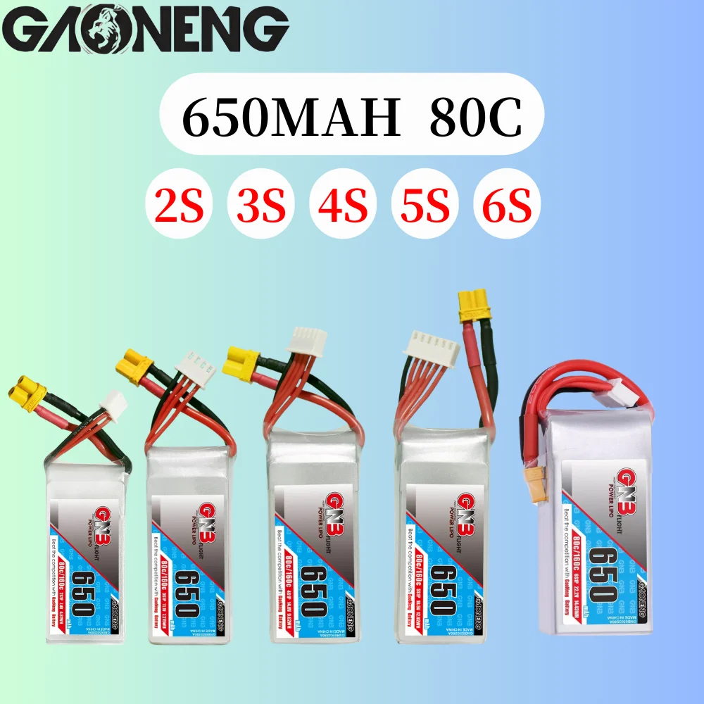 

Аккумулятор Gaoneng GNB 650 мАч 2S 7,4 в 3S 11,1 В 4S 14,8 в 6S 18,5 в 80C Lipo с разъемом XT30 для гоночного дрона RC FPV