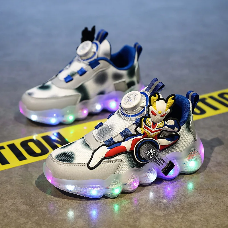 Child Shoes Luminous Sneakers Cartoon Light Shoes New Rotate Buckle Shock Absorption Running Kids Sneaker Breathable Boy Shoes