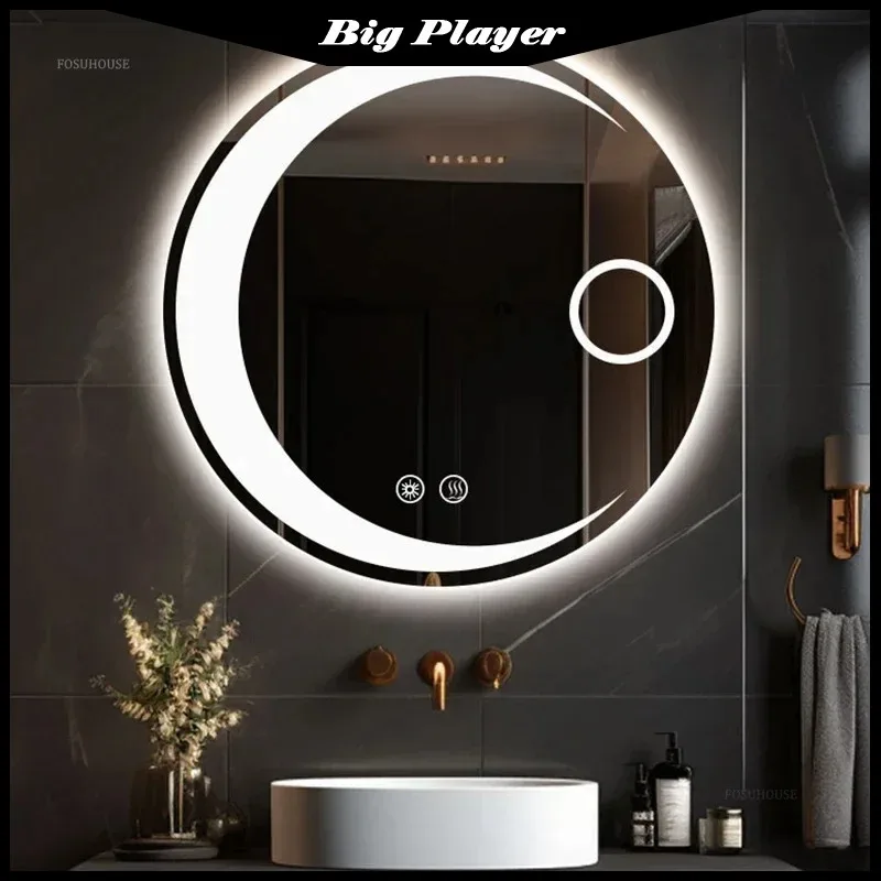 

Modern Round Bath Mirrors Smart Hotel Bedroom Defogging Decorative Mirrors 3 Color Adjustable Backlight with LED Bathroom Mirror