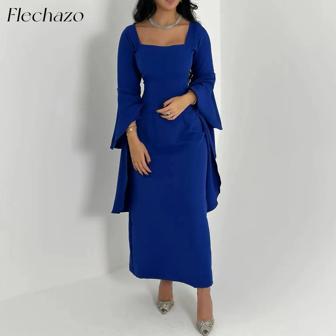 Flechazo Royal Blue Evening Dresses Square Neck Long Sleeves Ankle-Length Elgeant Party Dress For Women 2024 robes de soirée