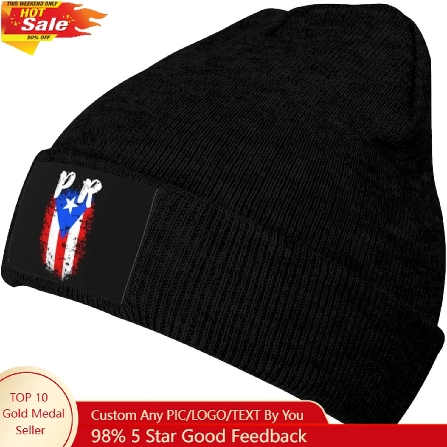 Puerto Rico PR Flag Knit Beanie Winter Hats for Men and Women Knitted Cuffed Skull Cap Acrylic Daily Beanie Hat
