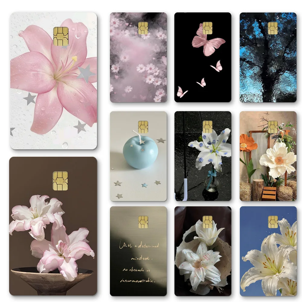 Romantic Pink Flowers Lily Butterfly Credit Card Stickers Rose Dewdrop Stars DIY Chip Film Stickers Subway Bus Card Decoration