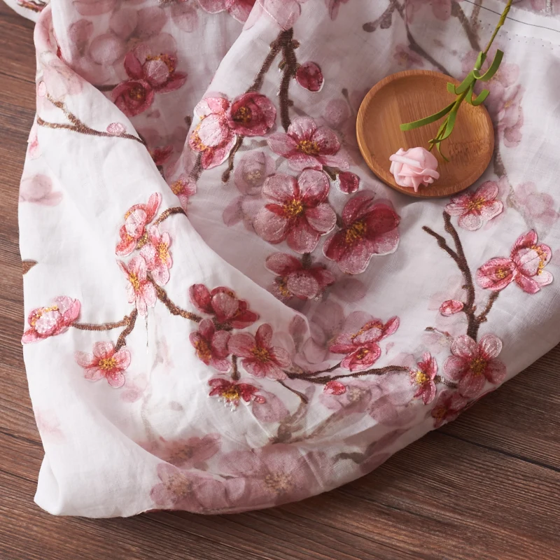 1yard High quality ramie fabric Pink plum embroidery tissus clothing fabric for material