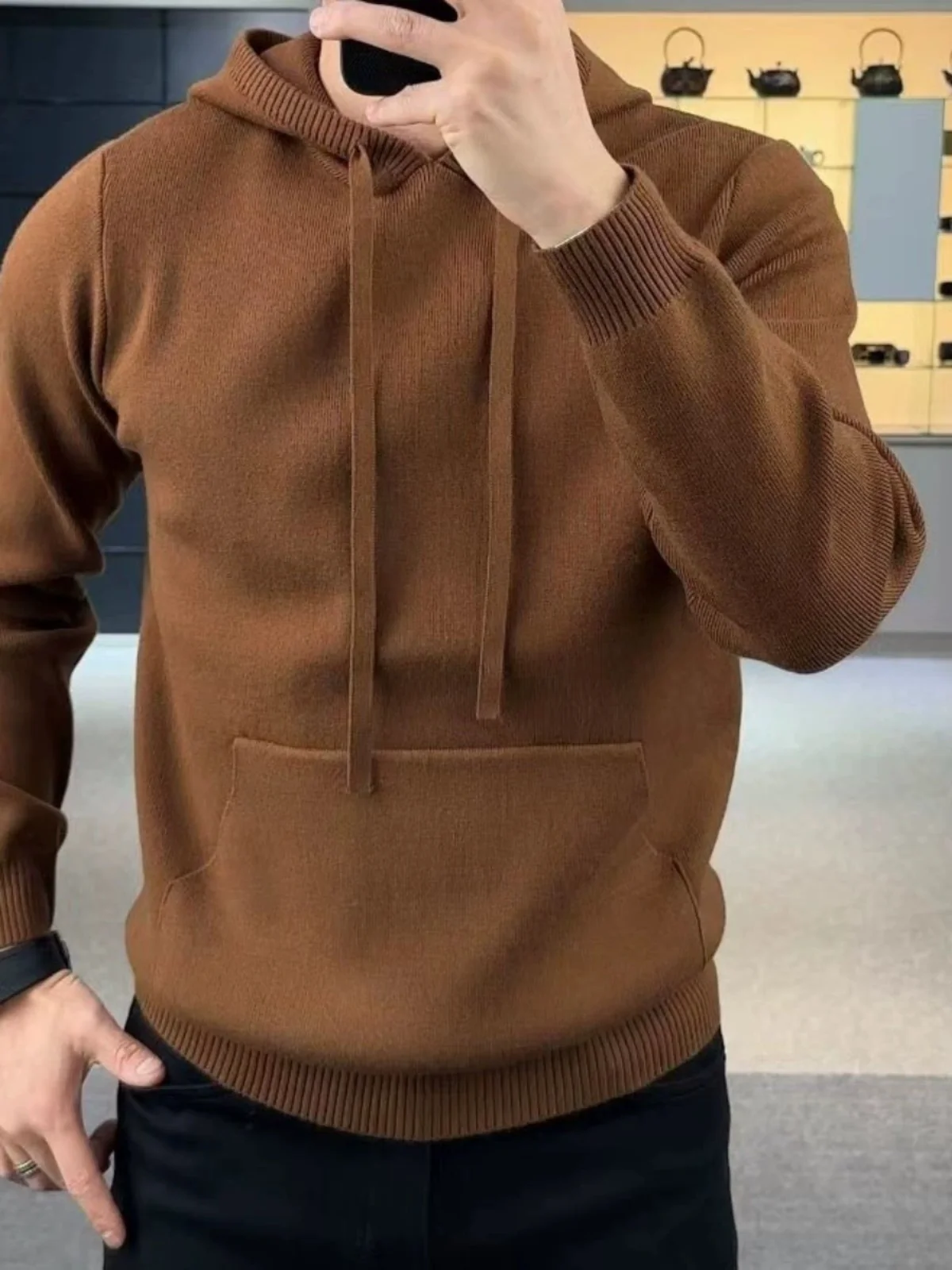 

Высококачественное мужское трикотажное худи с длинным рукавом, однотонное, повседневное, модное, деловое, дышащее, комфортное