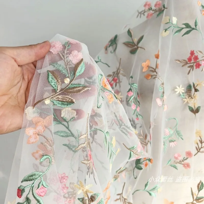 White Tulle Colorful Floral Leaf Embroidery Lace Fabric 130cm Width Sheer Mesh Cloth for Dress Gown Hanfu DIY Sewing Material