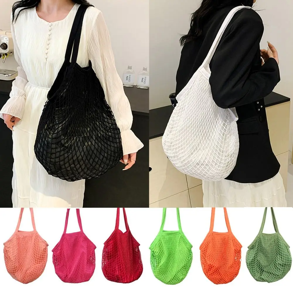 Portable Reusable Grocery Bags Fruit Vegetable Net Bag Washable Cotton Mesh String Organic Organizer Handbag Short Handle