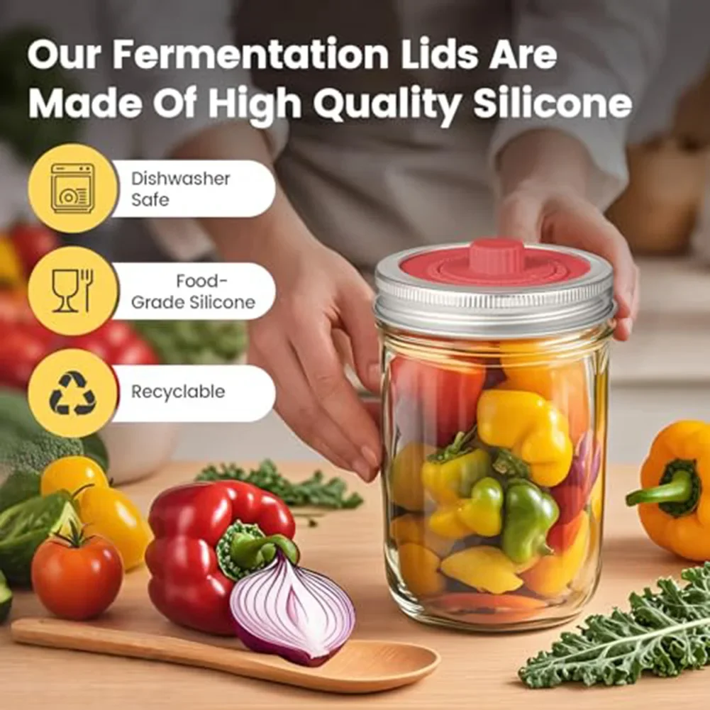 Silicone Fermentation Lids for Wide Mouth Jars with Auto Vent Valve and Smart Date Marking for Easy Batch Tracking