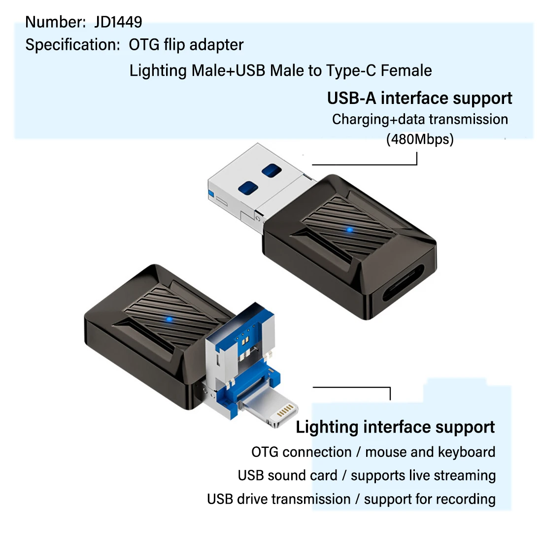 JORINDO Type-C female to Lighting+USB male adapter, USB2.0 charger converter, three in one flip OTG/PD35W adapter connector