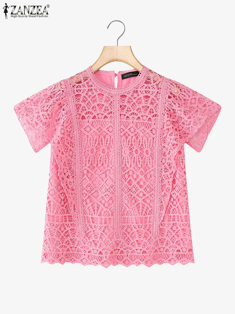 

ZANZEA 2022, женская модная блузка с коротким рукавом, кружевные рубашки, летние повседневные свободные элегантные офисные корейские топы с круглым вырезом, туника