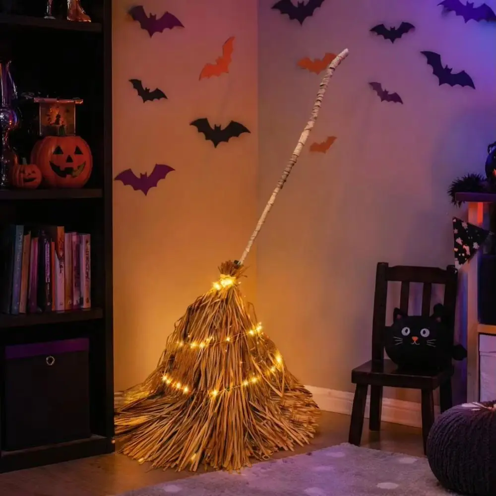 with Glowing Halloween Lighted Witch Broom Electric Rotating Moving Broomstick Floating Broomstick LED String