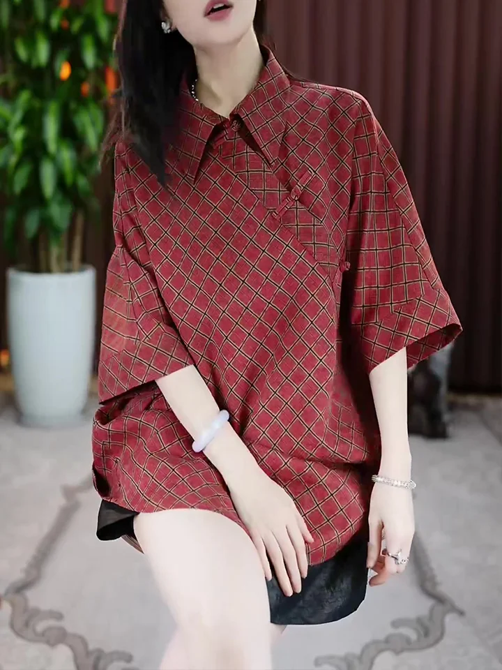 

Summer New Style Ethnic Wind Modified Shirt Loose Polo Collar Five-quarter Sleeve Shirt Retro Printed Top