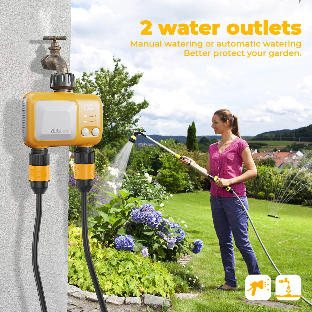 Eshico Summer Wireless 2-Zone Water Timer Quick Connector Faucet Tuya APP/Manual Operation Bluetooth/Wifi Garden/Lawn/Yard Tool