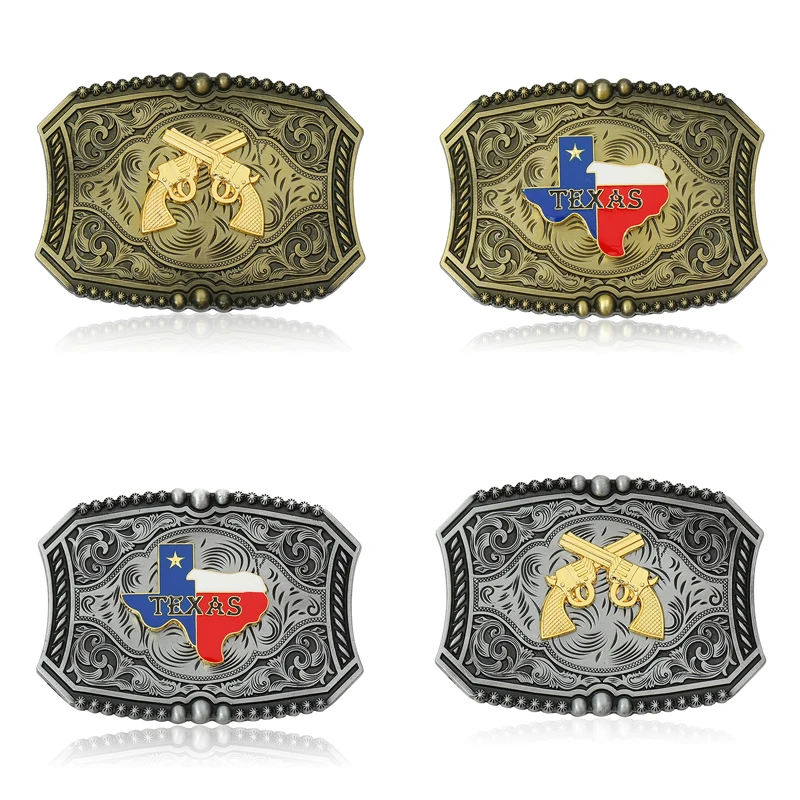 

Western Men's Belt Buckle Two Crossed Guns TEXAS Gold Silver Carved Embossed Retro American Personality Belt Buckles for Men