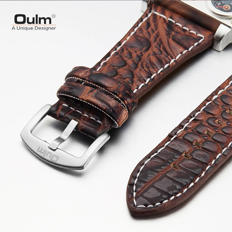 Oulm New Style Large Dial Unique Designer Men\'s Watch Luxury Brand Men Quartz Watch Men Two Time Zone Leather Sport Wristwatches