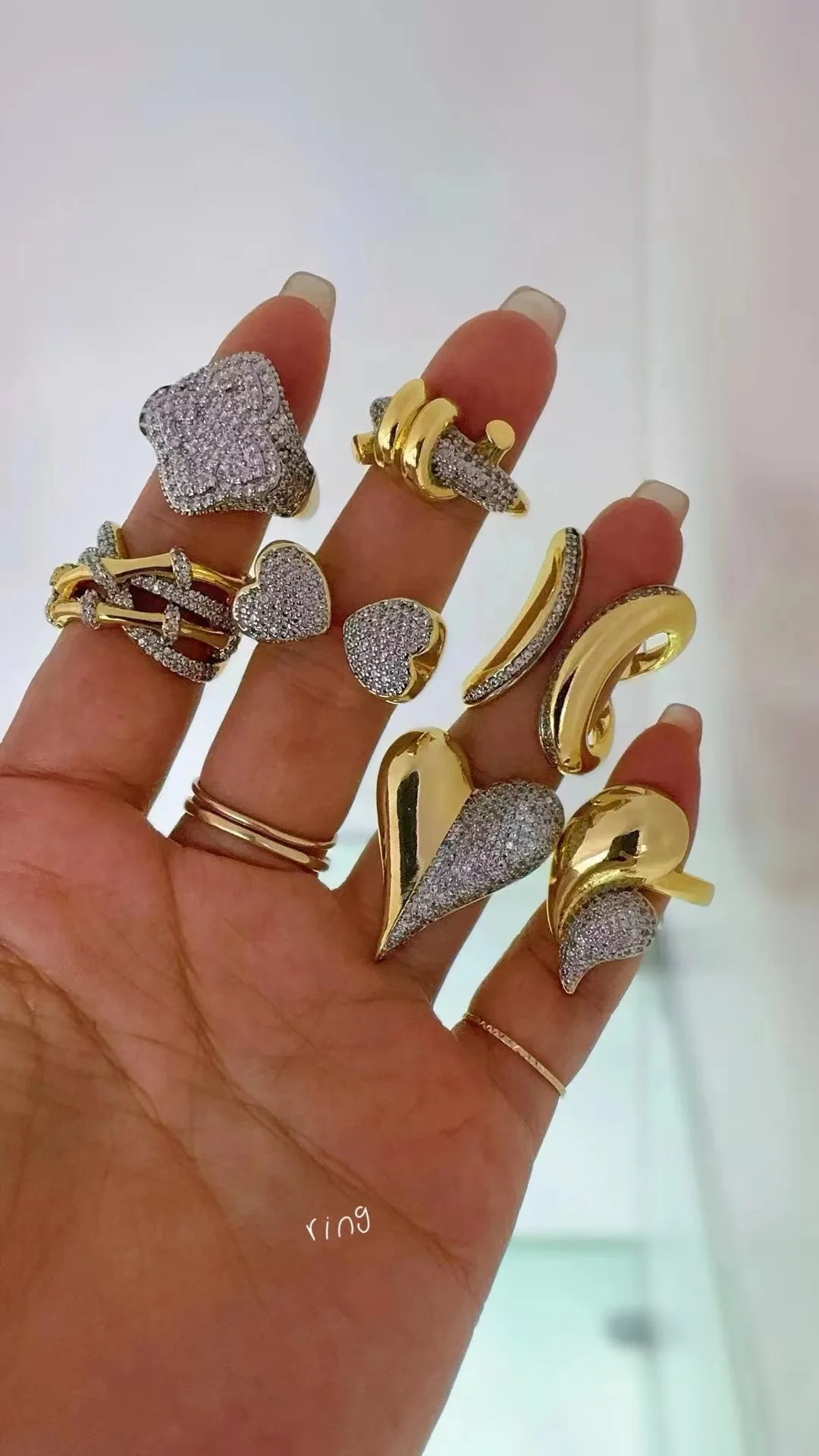 5pcs, Water Drop/Heart/Geometric Shape 2-Color Rings Pave Zircon Minimalist Design Women Jewelry Party Gift