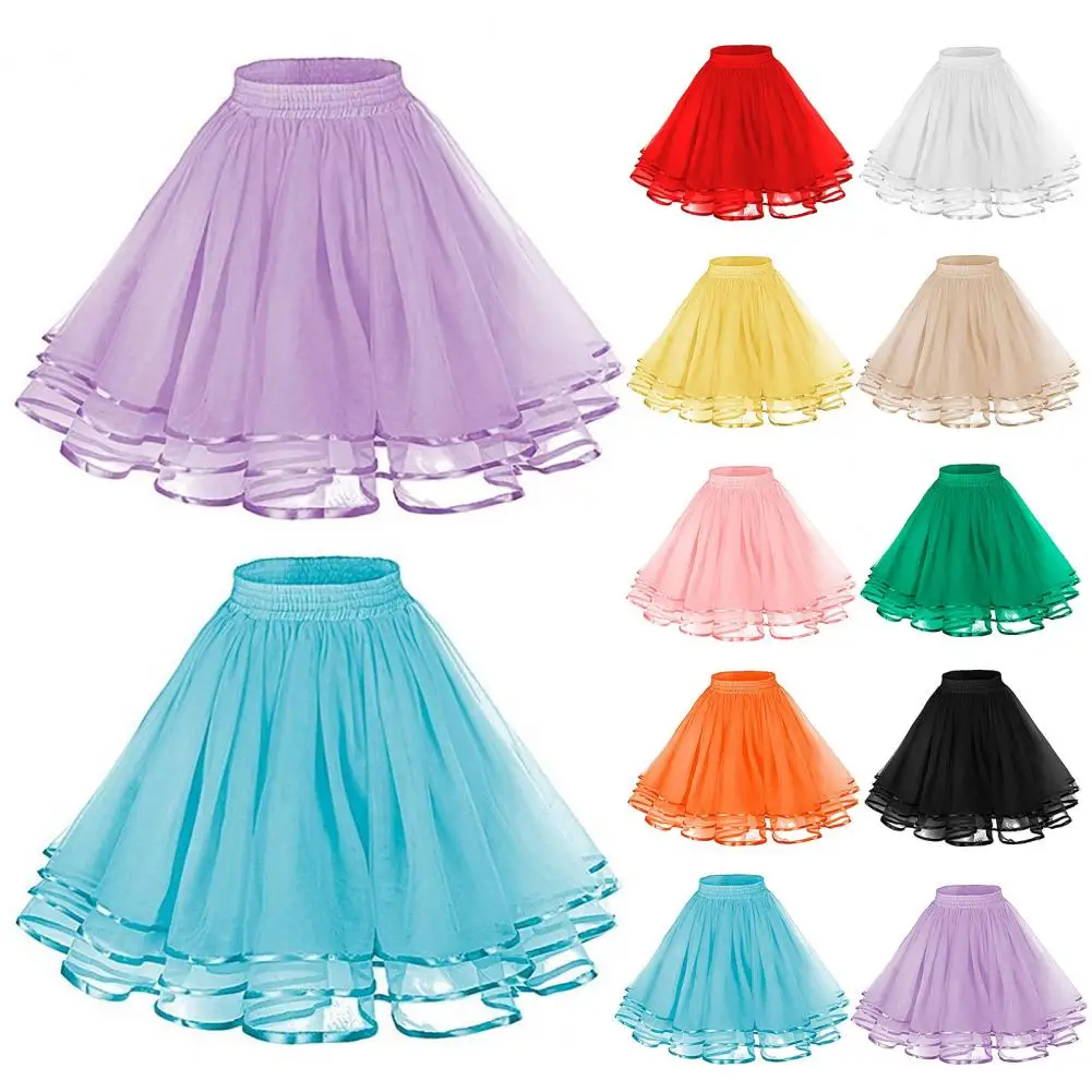 Mesh Tulle Skirt with Elastic Waistband Solid Color Three-Layered Princess Skirt Cosplay Weddings Parties Knee-Length Skirt