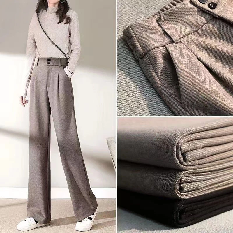 Women\'s Korean High-waisted Wide-legged Pants New Loose Straight Pants Fall Double-button Casual Suit Pants Female