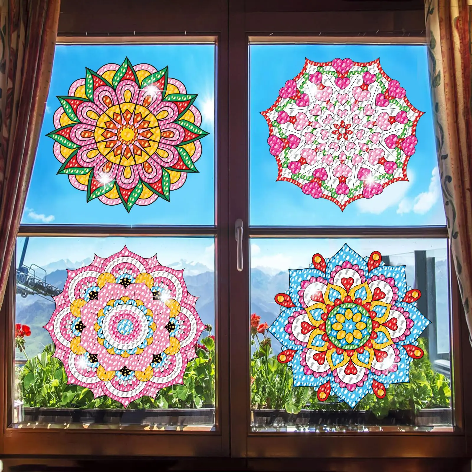 DIY Diamond Art Kits Stained Glass Window Clings 6 Pcs Colorful Flowers Window Stickers for Suncatchers Diamond Art window Decor