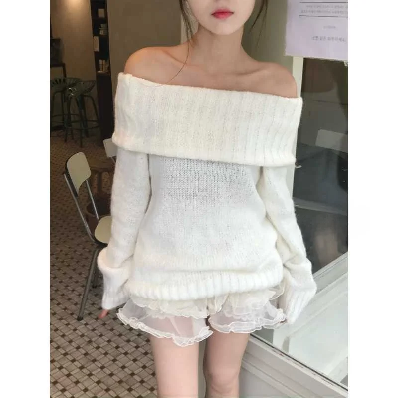 

Новое поступление, удобный трикотаж, милый вязаный трикотаж с длинными рукавами на одно плечо, свободный стиль, корейская осень-зима