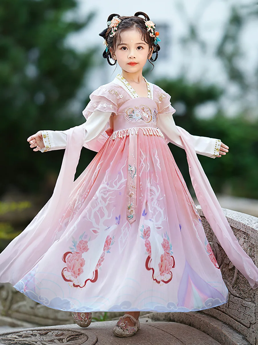 

New Chinese Traditional Girls Embroider Hanfu Dress Fairy Tang Suit Cheongsam Flower Kids Dress Ancient Princess Hanfu Costume