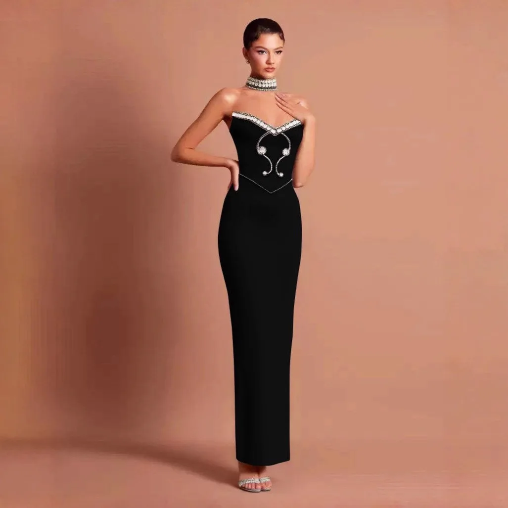 

High Quality Rhinestone Strapless Bandage Dress With Necklace Women Formal Evening Prom Party Gown