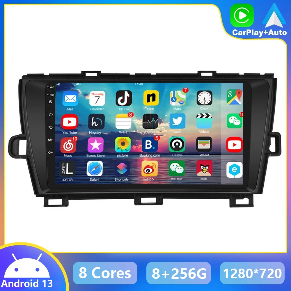 Autoradio Android 13.0, Navigation GPS, Carplay, Écran Tactile, Stéréo, Lecteur Vidéo, Limitation, pour Voiture Toyota Prius XW30 (2009, 2010-2015)