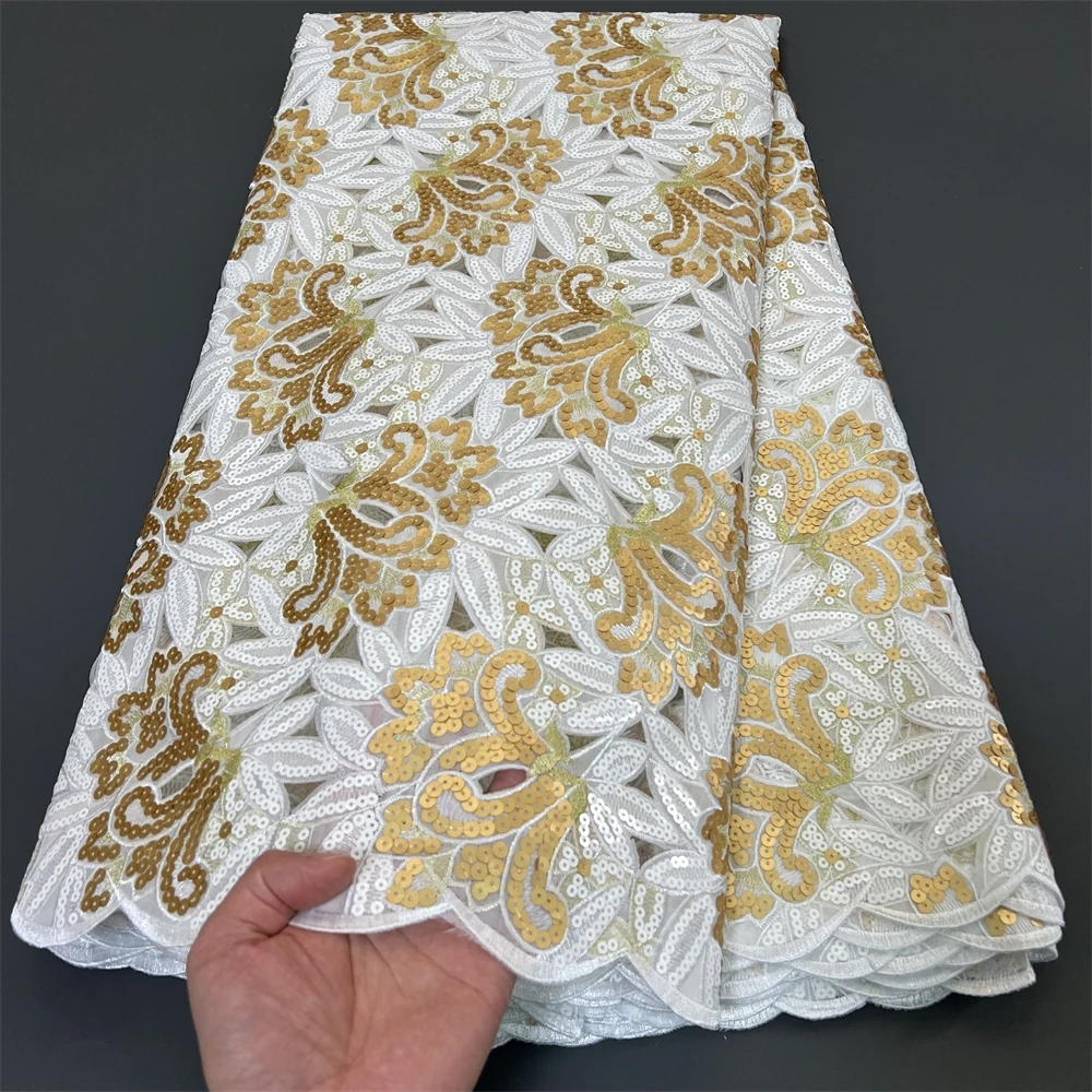 

2025 High Quality African Nigerian Tulle With Sequins Embroidery Sewing Lace Fabric Beads Stone Prom Dresses 5Yards PS0029