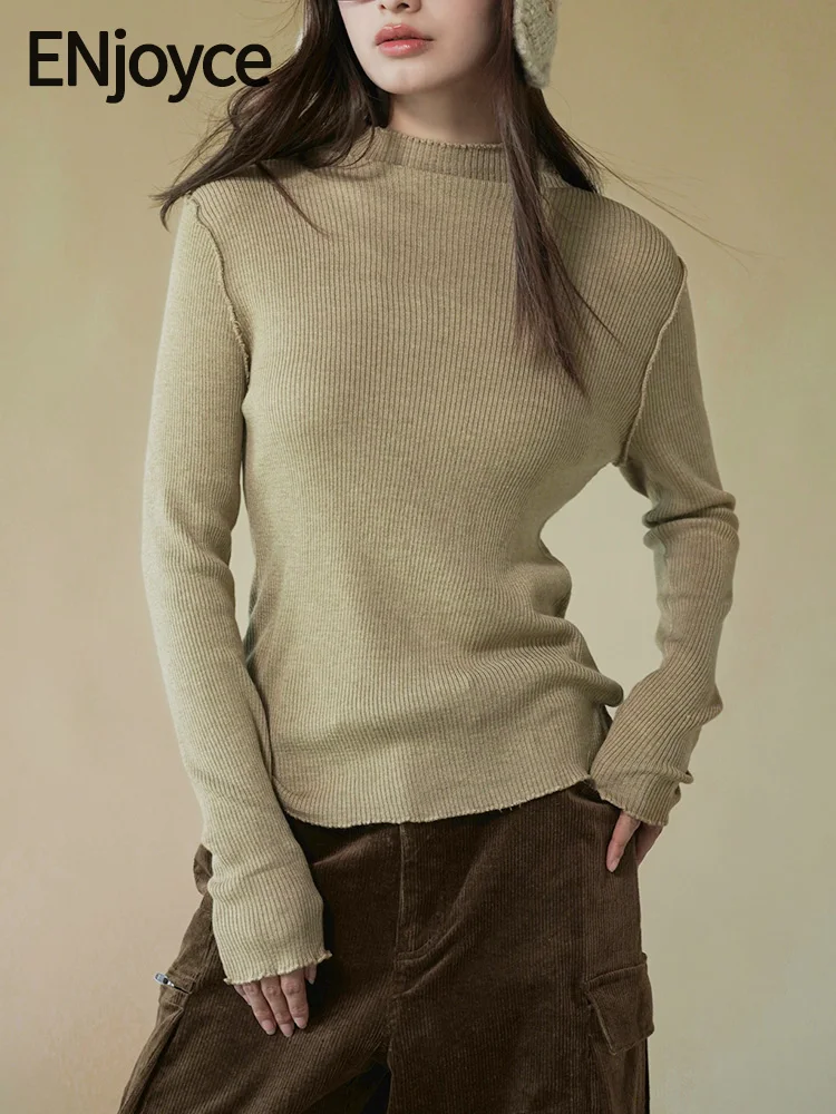

ENjoyce Winter Women Vintage Half High Neck Slim Wool Knit Pullover Sweater Korean Fashion Warm High Elastic Knitwear