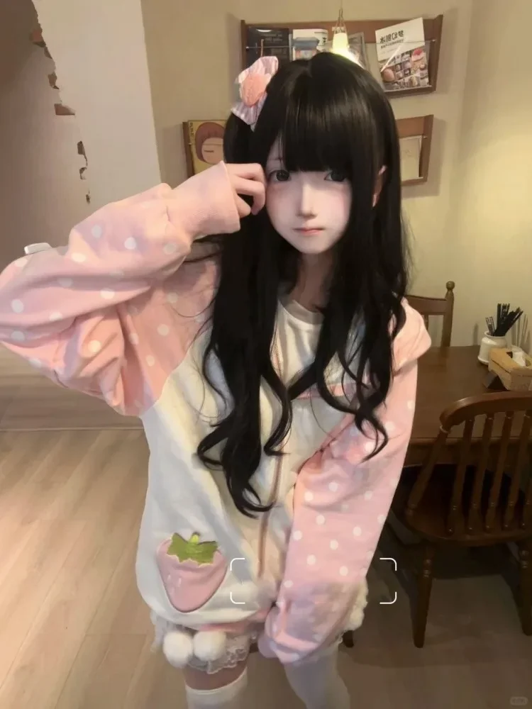 

Японская лоскутная женская толстовка в стиле гранж Y2k, эстетичная толстовка с кроличьими ушками Kawaii, свободные толстовки в горошек с феей и клубникой ​ толстовка