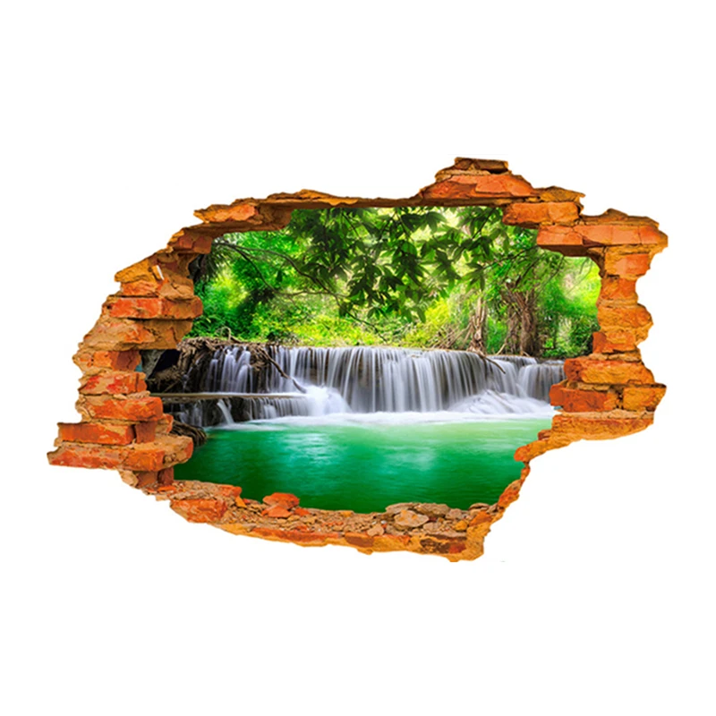 Art Mural, Waterfall Scenery, 3D Broken Wall, Vinyl Stickers, Room Decoration, Mountain, Water, Fresh Landscape Poster Wallpaper