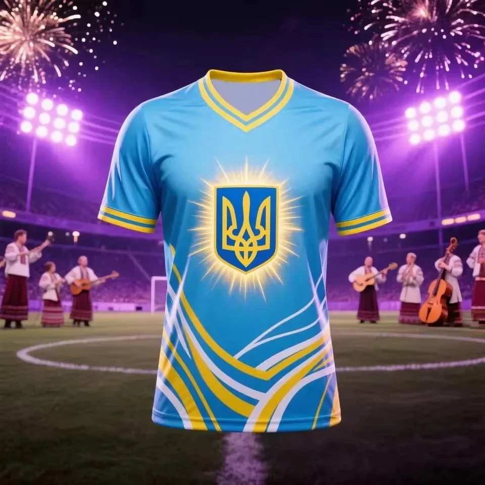 Fußballtrikots mit dem ukrainischen Dreizack-Logo im blau-gelben Flaggen-Design für die ganze Familie. – Detail 6