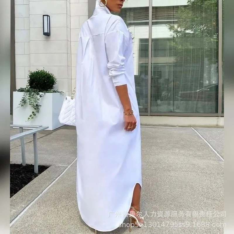 Womens Dress New 2023 New White Long Lapel Long Sleeve Test Split Shirt Dresses for Women