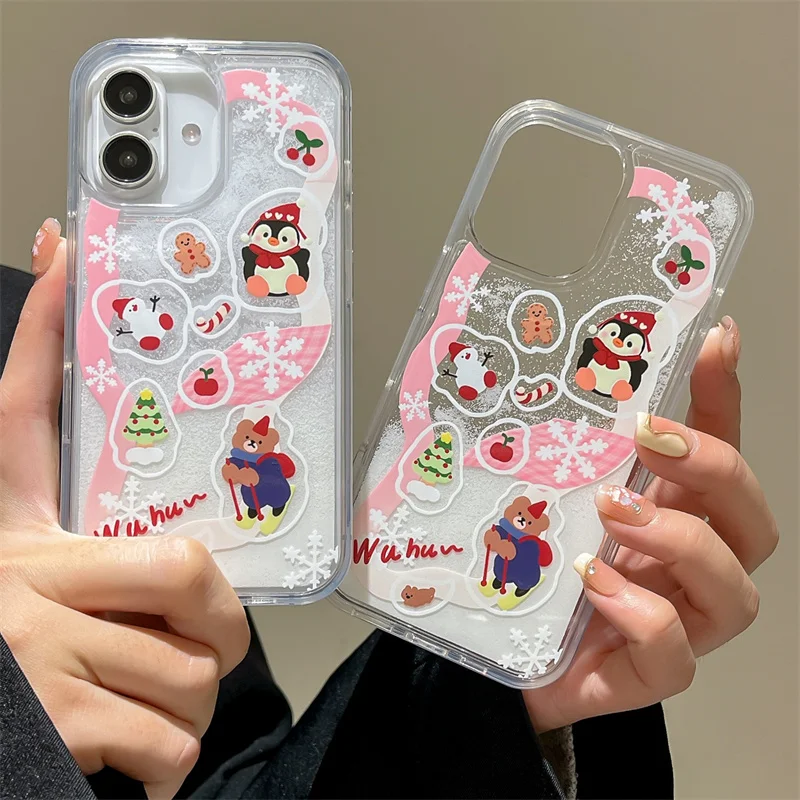 Cartoon Christmas Doll Collection Liquid Glitter Phone case For iPhone 14 15 13 16 Pro Max Protector Cover quicksand  Case 15Pro