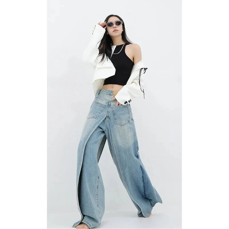 Women Blue Jeans Y2k Vintage High Waist Baggy Cowboy Pants Aesthetic Harajuku Denim Trousers 90s Trashy Emo 2000s Grunge Clothes