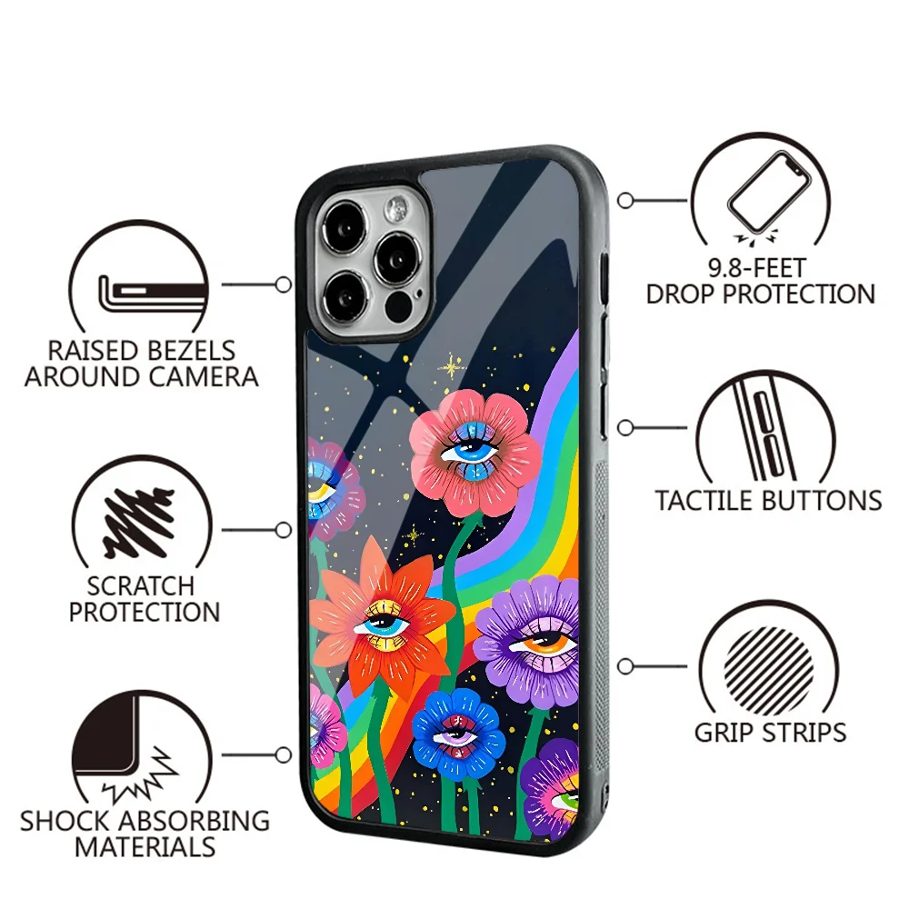 Hippie Indie Eye Flowers Phone Case For IPhone 16 16pro 16plus 16promax Pro Plus Max Mirror Acrylic PC TPU Cover