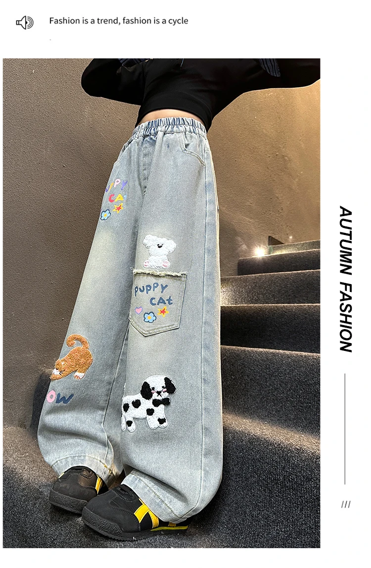 Herbstliche Jeans mit Hundestickerei für Teenager-Mädchen, Junior-Kinder-Denim-Hosen mit weitem Bein, Schul- und Streetwear-Jeans für Kinder im Alter von 5-14 Jahren – Detail 8
