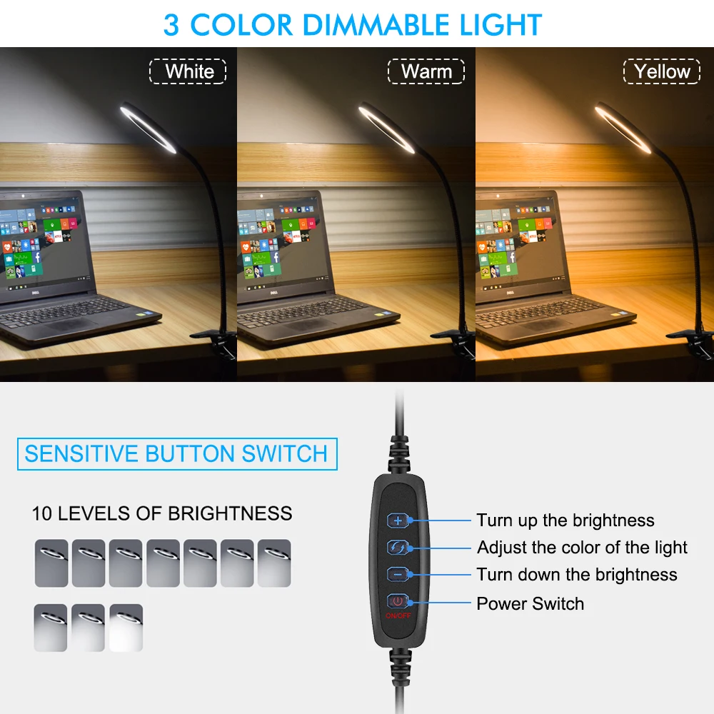 Toolour 5-кратная лупа с подсветкой, гибкая настольная лампа со светодиодной подсветкой на гибкой стойке, 3 цветовых режима, лупа с бесступенчатой регулировкой яркости