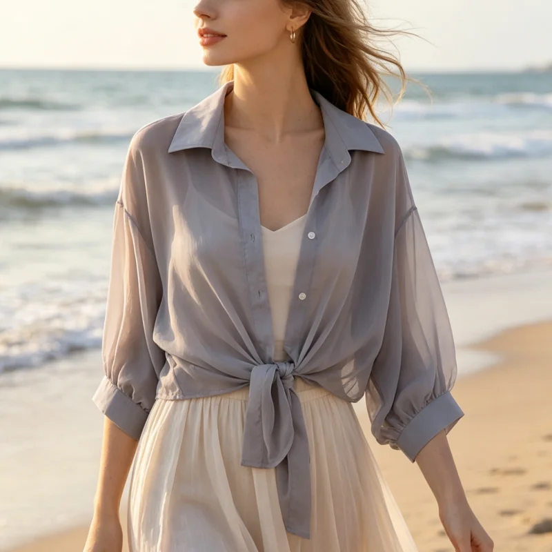 

Women Elegant Solid Color Tied Waist Blouse Summer Bat Half Sleeve Chiffon Shirt Casual Loose Button Hollow White Clothes